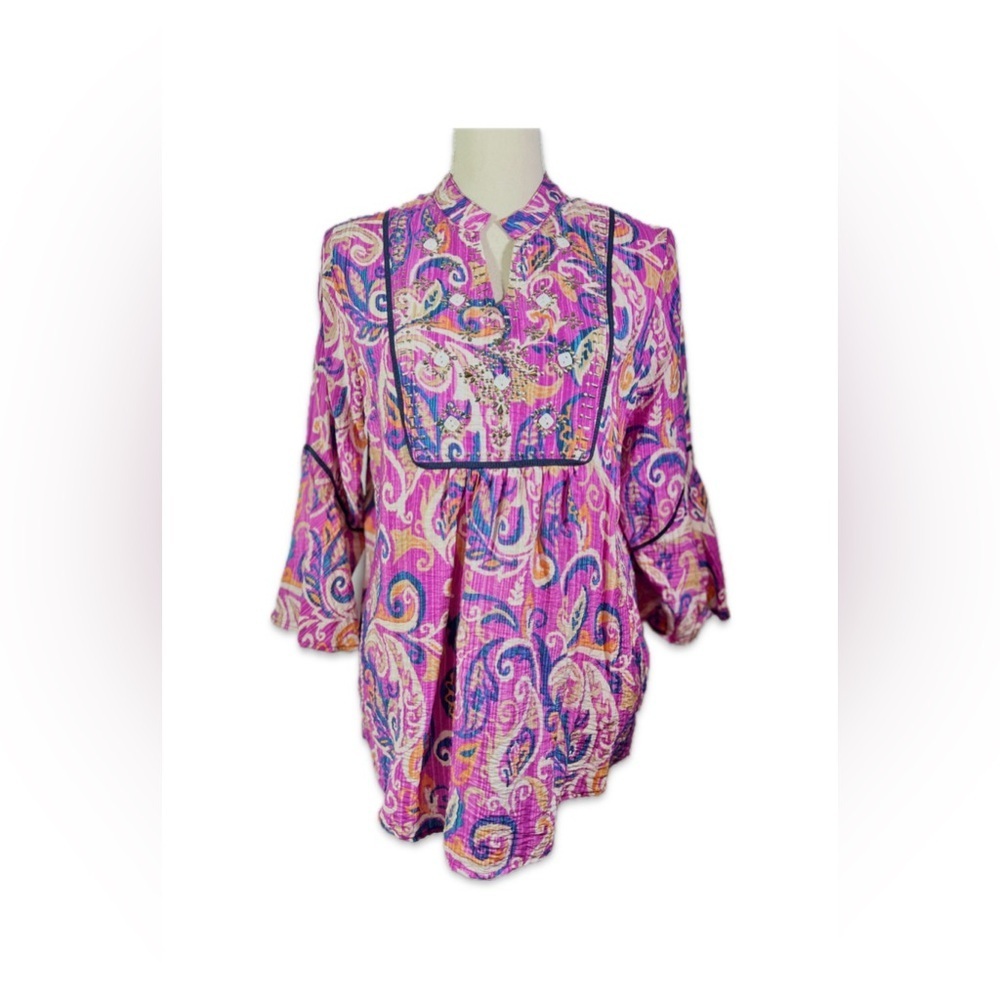 Ruby Rd. Pink and Purple Embellished Blouse Size Small Gold Metallic
